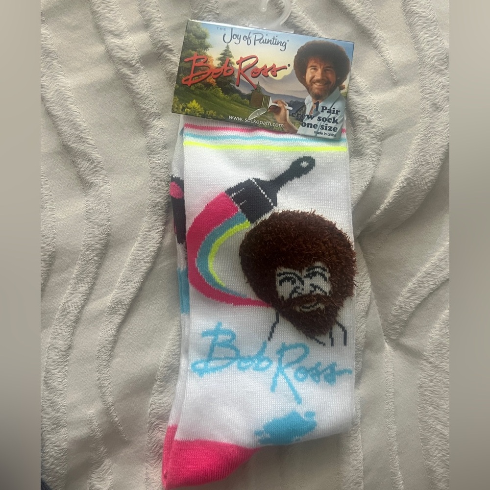 Bob Ross Unisex White and Pink Crew‎ Socks